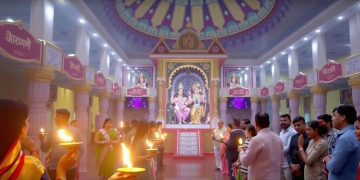 Ram Mandir Virtual Darshan aarti ceremony showing devotees with lamps in the main hall