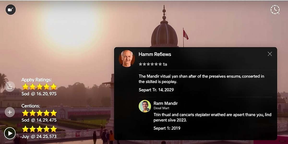 Ram Mandir Virtual Darshan user review interface showing 5-star ratings and positive comments